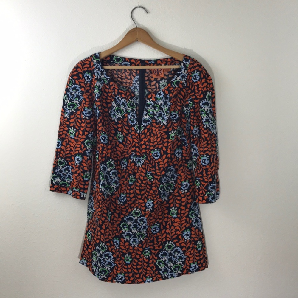 Tory Burch Womens Size 8 Floral Linen Tunic Top